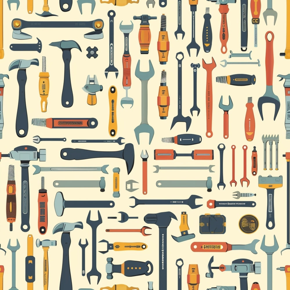 Illustration of assorted tools, including hammers, wrenches, pliers, and screwdrivers, arranged randomly on a light background.