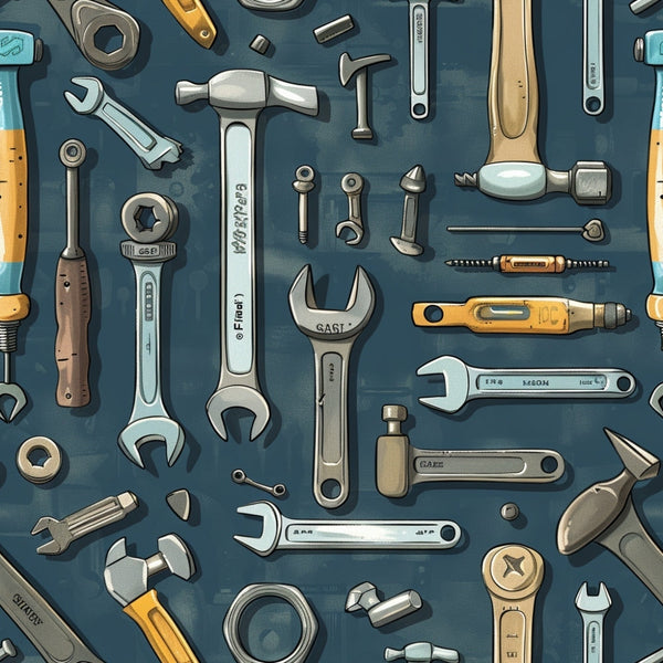 An assortment of various hand tools including wrenches, hammers, screwdrivers, and pliers arranged against a dark background.