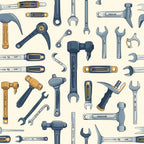 Illustration of various hand tools, including hammers, wrenches, and screwdrivers, arranged randomly against a light background.