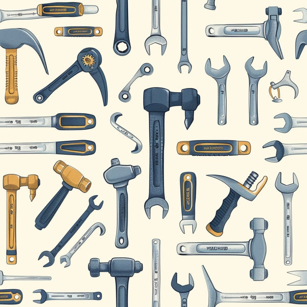 Illustration of various hand tools, including hammers, wrenches, and screwdrivers, arranged randomly against a light background.