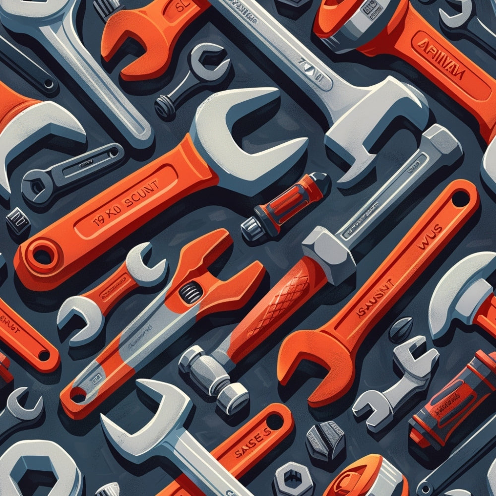 An assortment of various tools, including wrenches, screwdrivers, and bolts, laid out neatly on a dark surface.