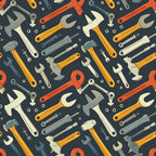 A pattern of various tools, including wrenches, hammers, and screwdrivers, arranged on a dark background.