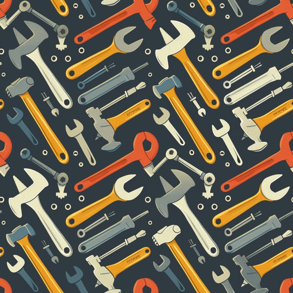 A pattern of various tools, including wrenches, hammers, and screwdrivers, arranged on a dark background.