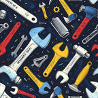 Illustration of assorted tools including wrenches, hammers, and screwdrivers in various colors on a dark background.