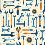 Pattern of various hand tools like wrenches, hammers, and screwdrivers in shades of blue and orange on a light background.