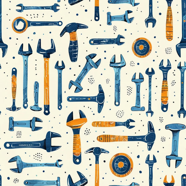 Pattern of various hand tools like wrenches, hammers, and screwdrivers in shades of blue and orange on a light background.