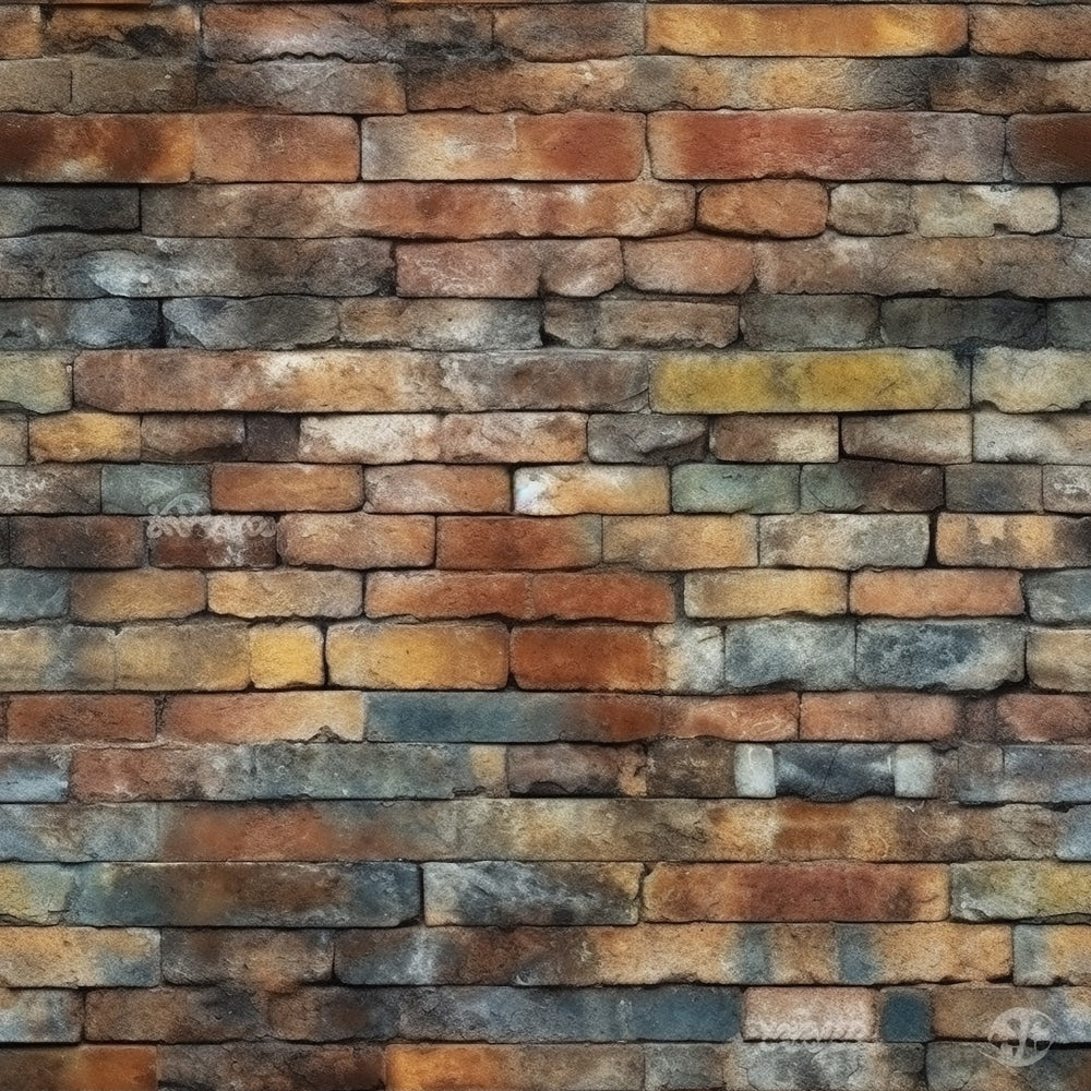 brick wall pattern, multicolored bricks, rustic texture, weathered appearance, terracotta, burnt orange, gray stones, yellow bricks, blue gray, brown tones, masonry design, aged bricks,, fabric panel, realistic print, architectural pattern, earthy colors, vintage style, textured surface, building materials