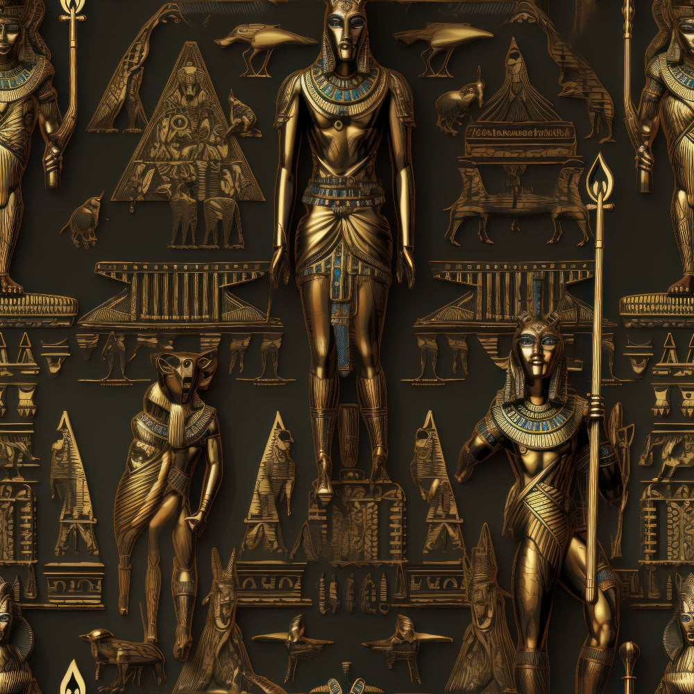 golden bronze, ancient egypt, pharaohs, egyptian gods, hieroglyphics, pyramids, sphinxes, metallic finish, ornate details, royal figures, archaeological motifs, antiquity theme, embossed appearance, cultural pattern,, fabric panel, historical design, luxury appearance, dimensional effect, ceremonial imagery