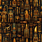 gold, bronze, teal, black background, egyptian motifs, pharaohs, hieroglyphs, ancient artifacts, canopic jars, sarcophagus, mummies, egyptian gods, ornate details, metallic finish,, fabric panel, mystical, archaeological, antiquity, decorative objects