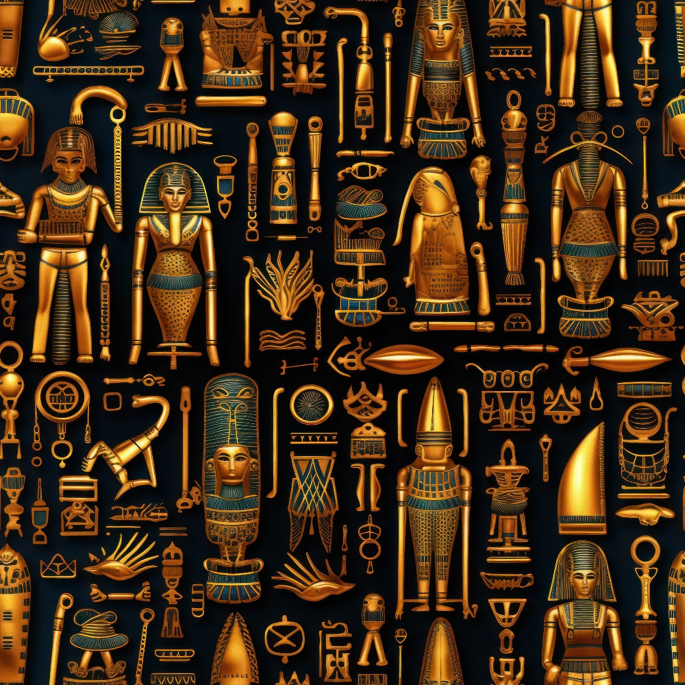 gold, bronze, teal, black background, egyptian motifs, pharaohs, hieroglyphs, ancient artifacts, canopic jars, sarcophagus, mummies, egyptian gods, ornate details, metallic finish,, fabric panel, mystical, archaeological, antiquity, decorative objects