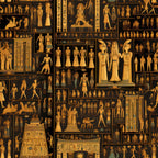 golden yellow, black background, egyptian hieroglyphs, pharaohs, ancient gods, pyramids, sphinx, egyptian figures, geometric patterns, historical motifs,, fabric panel, ancient civilization, religious scenes, ceremonial imagery, amber tones, archaeological art, egyptian mythology, cotton fabric, repeating pattern