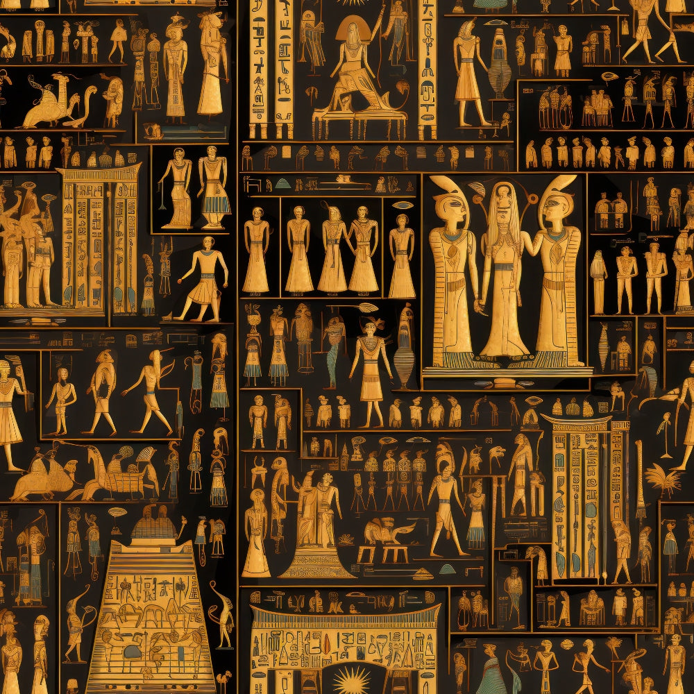 golden yellow, black background, egyptian hieroglyphs, pharaohs, ancient gods, pyramids, sphinx, egyptian figures, geometric patterns, historical motifs,, fabric panel, ancient civilization, religious scenes, ceremonial imagery, amber tones, archaeological art, egyptian mythology, cotton fabric, repeating pattern