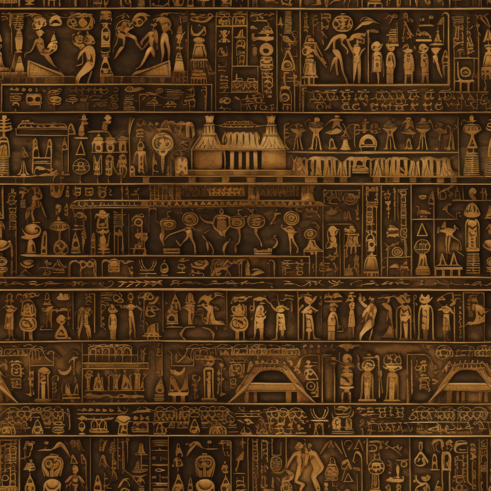 brown, gold, amber, hieroglyphics, egyptian symbols, pharaohs, ancient figures, pyramids, temples, gods, goddesses, sacred animals, geometric patterns, repetitive motifs, antiquated style, mystical, archaeological,, fabric panel, horizontal strips, cultural art, desert tones