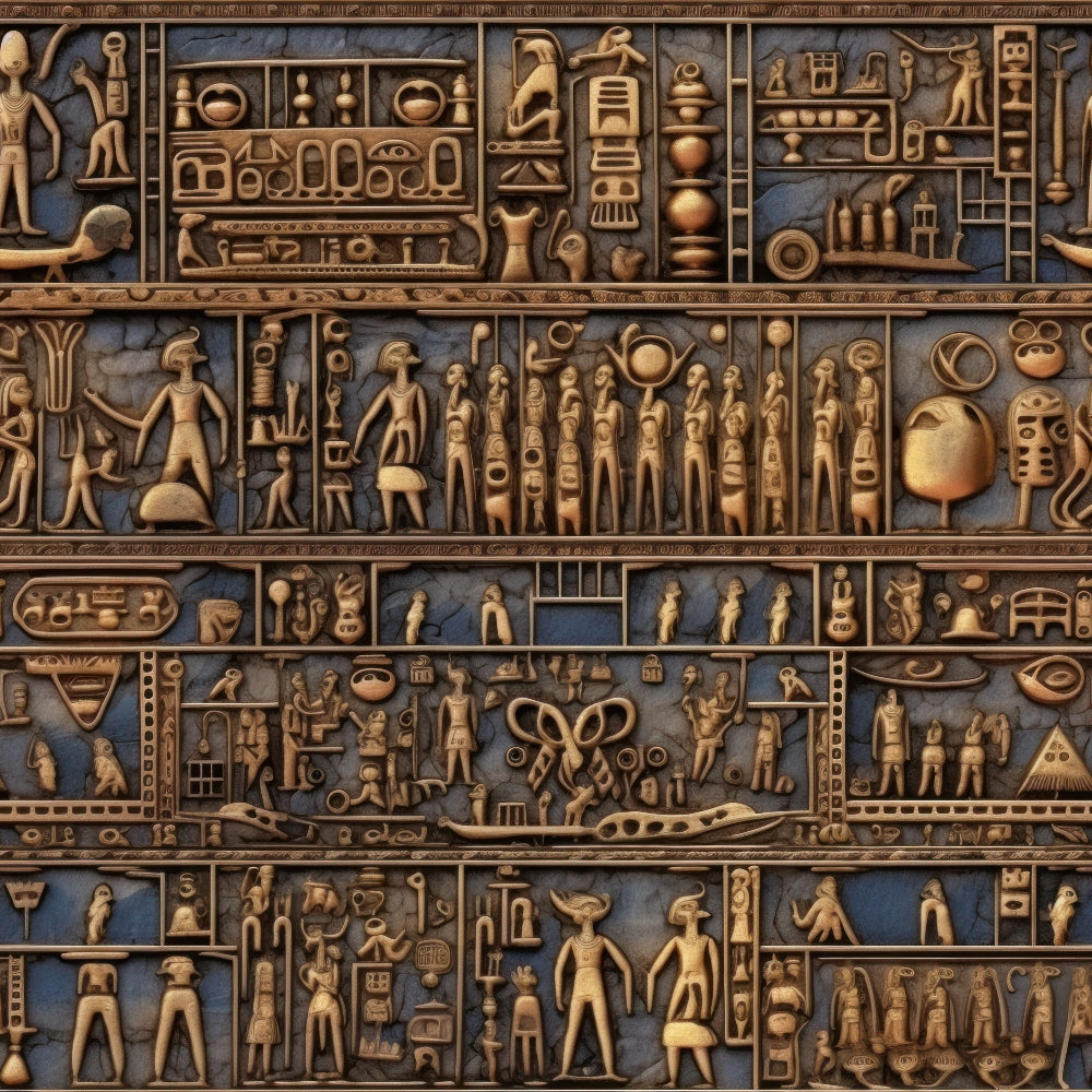ancient egypt, hieroglyphics, egyptian motifs, blue background, golden brown, bronze tones, pharaohs, gods, deities, human figures, carved relief, stone texture, mythological scenes,, fabric panel, archaeological art, ancient civilization, raised design, dimensional appearance, historical pattern