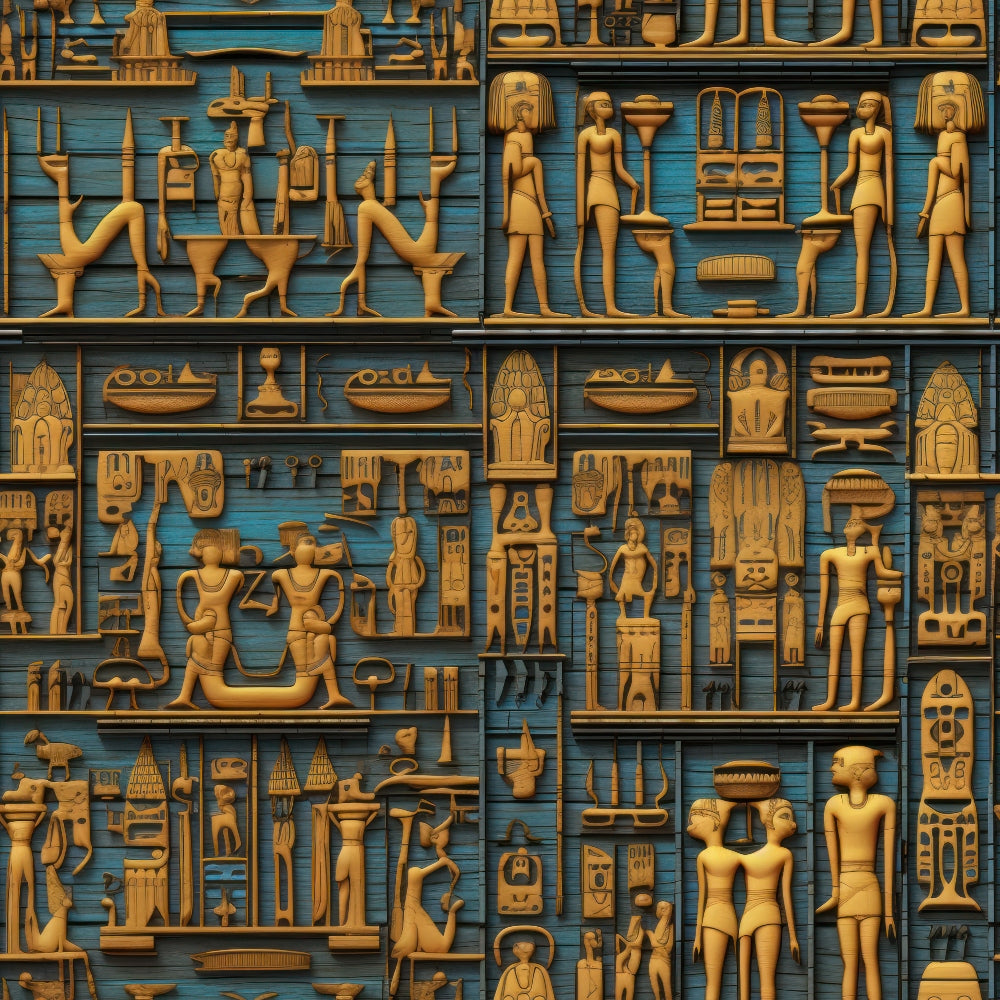 turquoise blue, golden brown, ancient egypt, hieroglyphics, egyptian gods, pharaohs, pyramids, sarcophagus, canopic jars, ankh symbols, egyptian figures, archaeological artifacts, geometric patterns,, fabric panel, mythological scenes, desert blue, bronze accents, egyptian mythology, cultural motifs