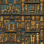 turquoise blue, golden brown, ancient egypt, hieroglyphics, egyptian gods, pharaohs, pyramids, sarcophagus, canopic jars, ankh symbols, egyptian figures, archaeological artifacts, geometric patterns,, fabric panel, mythological scenes, desert blue, bronze accents, egyptian mythology, cultural motifs