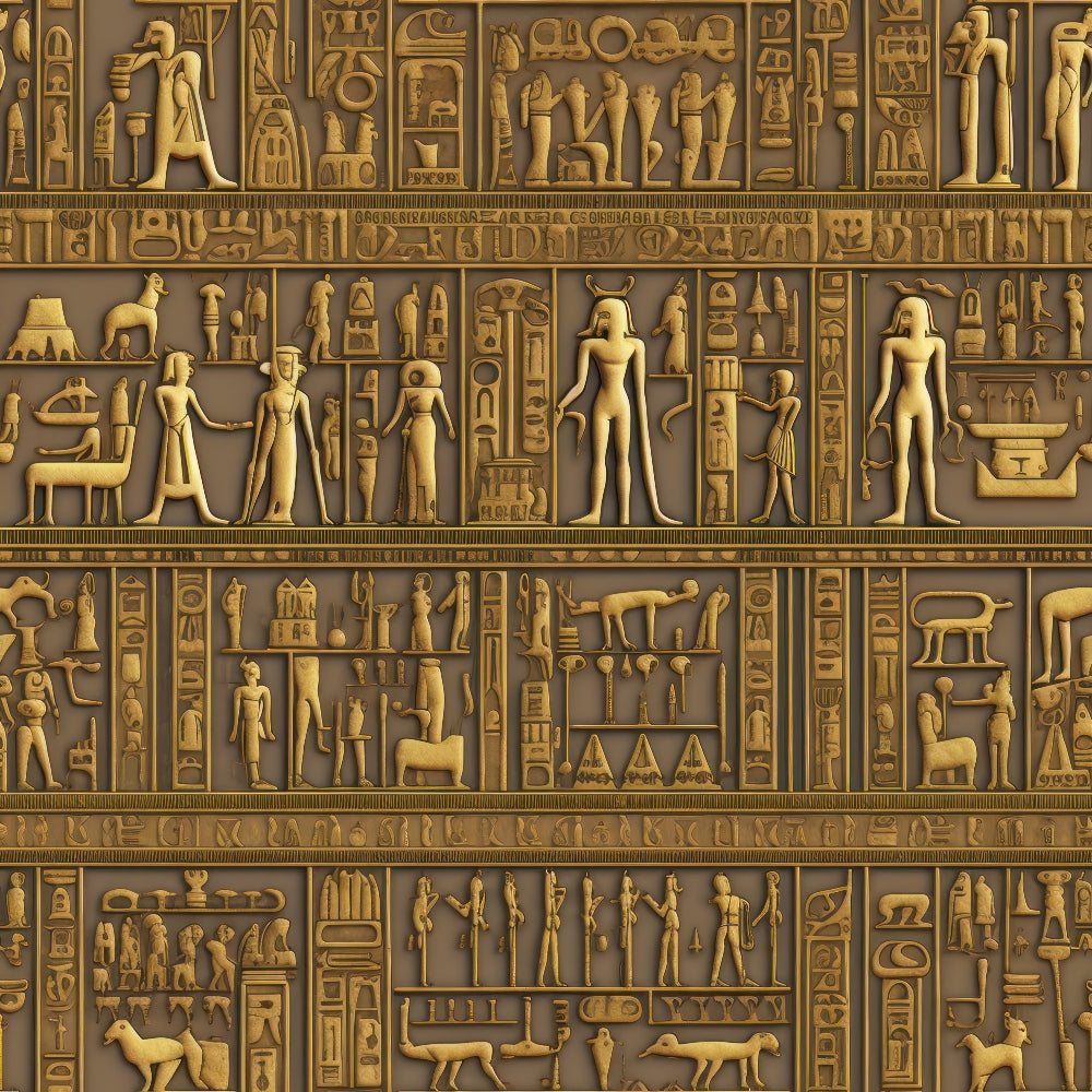 golden brown, bronze tones, ancient egypt, hieroglyphics, egyptian figures, pharaohs, gods goddesses, pyramids, scarabs, ankh symbols, sacred animals, relief carvings, stone texture,, fabric panel, ancient civilization, mythological scenes, egyptian deities, ceremonial figures, historical motifs