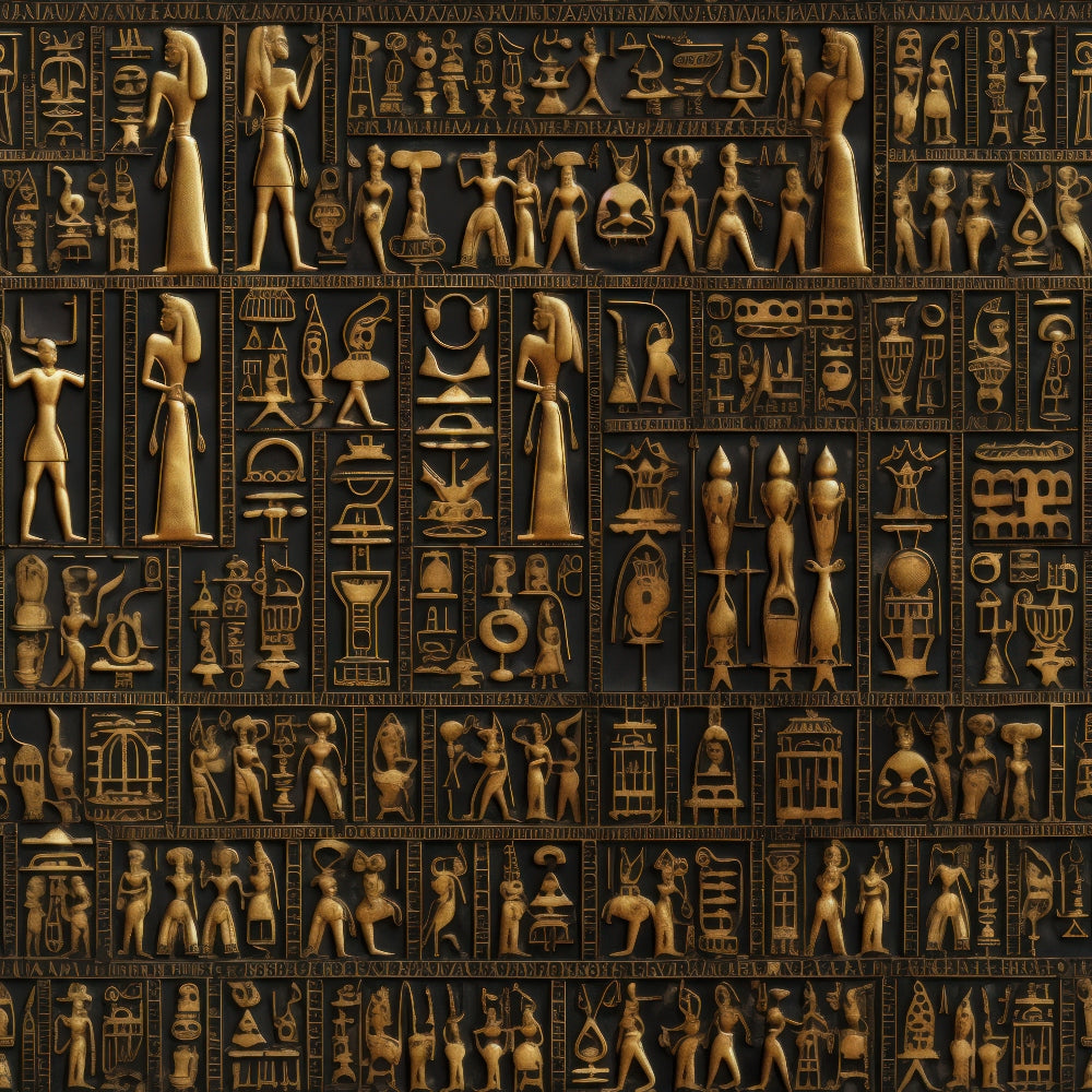 golden brown, dark background, egyptian hieroglyphs, ancient figures, pharaohs, deities, ceremonial objects, vessels, geometric patterns, historical motifs, antiqued finish, bronze tones, mystical symbols,, fabric panel, archaeological theme, ancient civilization, religious imagery, ornate details, vintage appearance