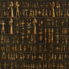 golden brown, dark background, egyptian hieroglyphs, ancient figures, pharaohs, deities, ceremonial objects, vessels, geometric patterns, historical motifs, antiqued finish, bronze tones, mystical symbols,, fabric panel, archaeological theme, ancient civilization, religious imagery, ornate details, vintage appearance