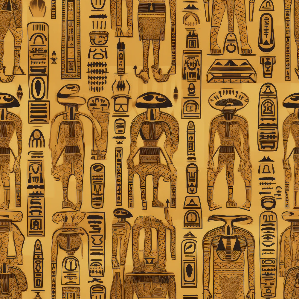 golden yellow, brown, egyptian hieroglyphs, ancient figures, pharaohs, gods, cartouches, papyrus style, antiqued appearance, cotton fabric, quilting panel, repeating pattern, archaeological motifs, desert tones, historical design, egyptian mythology, sacred symbols, vintage aesthetic, cultural artwork