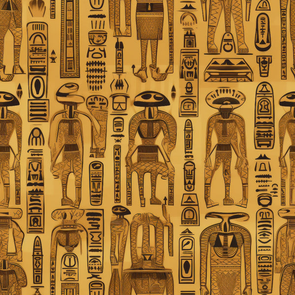 golden yellow, brown, egyptian hieroglyphs, ancient figures, pharaohs, gods, cartouches, papyrus style, antiqued appearance, cotton fabric, quilting panel, repeating pattern, archaeological motifs, desert tones, historical design, egyptian mythology, sacred symbols, vintage aesthetic, cultural artwork
