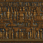 golden bronze, deep blue, ancient egyptian, hieroglyphics, pharaohs, gods goddesses, columns, pyramids, winged scarab, relief carving, mythological figures,, fabric panel, archaeological motifs, tomb art, sacred symbols, ornate borders, geometric patterns, antiqued finish, historical themed