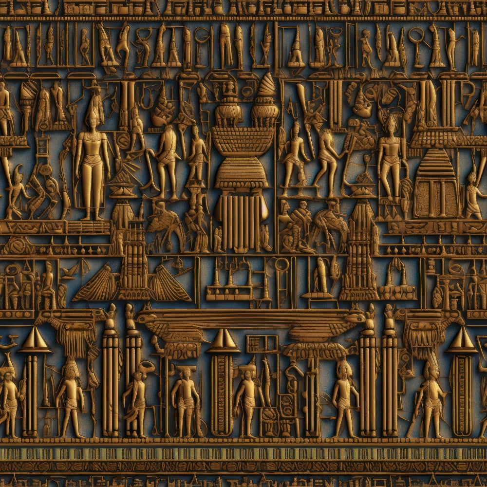 golden bronze, deep blue, ancient egyptian, hieroglyphics, pharaohs, gods goddesses, columns, pyramids, winged scarab, relief carving, mythological figures,, fabric panel, archaeological motifs, tomb art, sacred symbols, ornate borders, geometric patterns, antiqued finish, historical themed