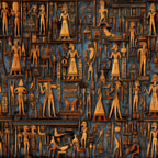 ancient egypt, hieroglyphics, pharaohs, egyptian gods, golden orange, deep blue, bronze tones, geometric patterns, mythological figures, ankh symbols, pyramids, sacred animals, egyptian art style,, fabric panel, archaeological motifs, desert colors, ancient civilization, repetitive design, cultural symbols