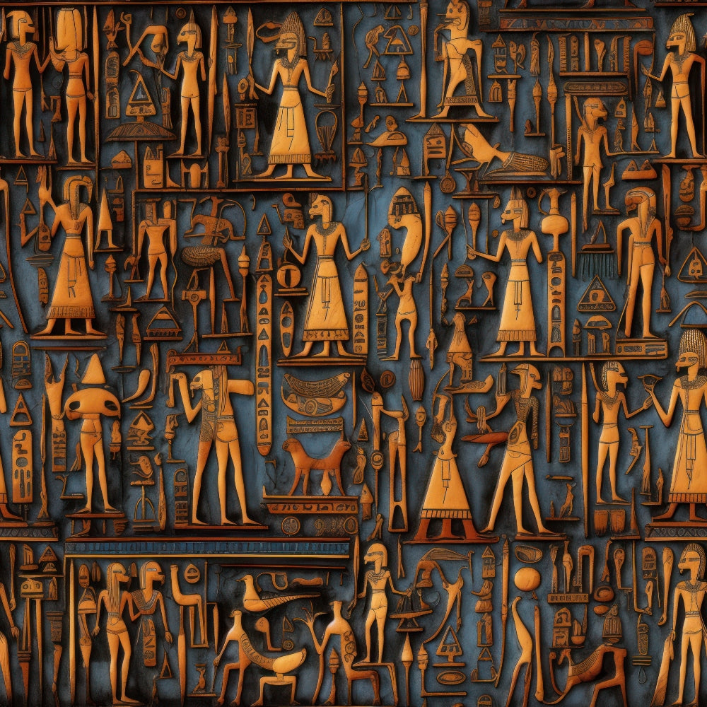 ancient egypt, hieroglyphics, pharaohs, egyptian gods, golden orange, deep blue, bronze tones, geometric patterns, mythological figures, ankh symbols, pyramids, sacred animals, egyptian art style,, fabric panel, archaeological motifs, desert colors, ancient civilization, repetitive design, cultural symbols