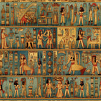 turquoise, gold, red, brown, hieroglyphics, egyptian figures, pharaohs, gods, goddesses, ancient symbols, horizontal panels,, fabric panel, egyptian mythology, ceremonial scenes, ornate details, antiqued appearance, historical motifs, decorative borders, structured layout