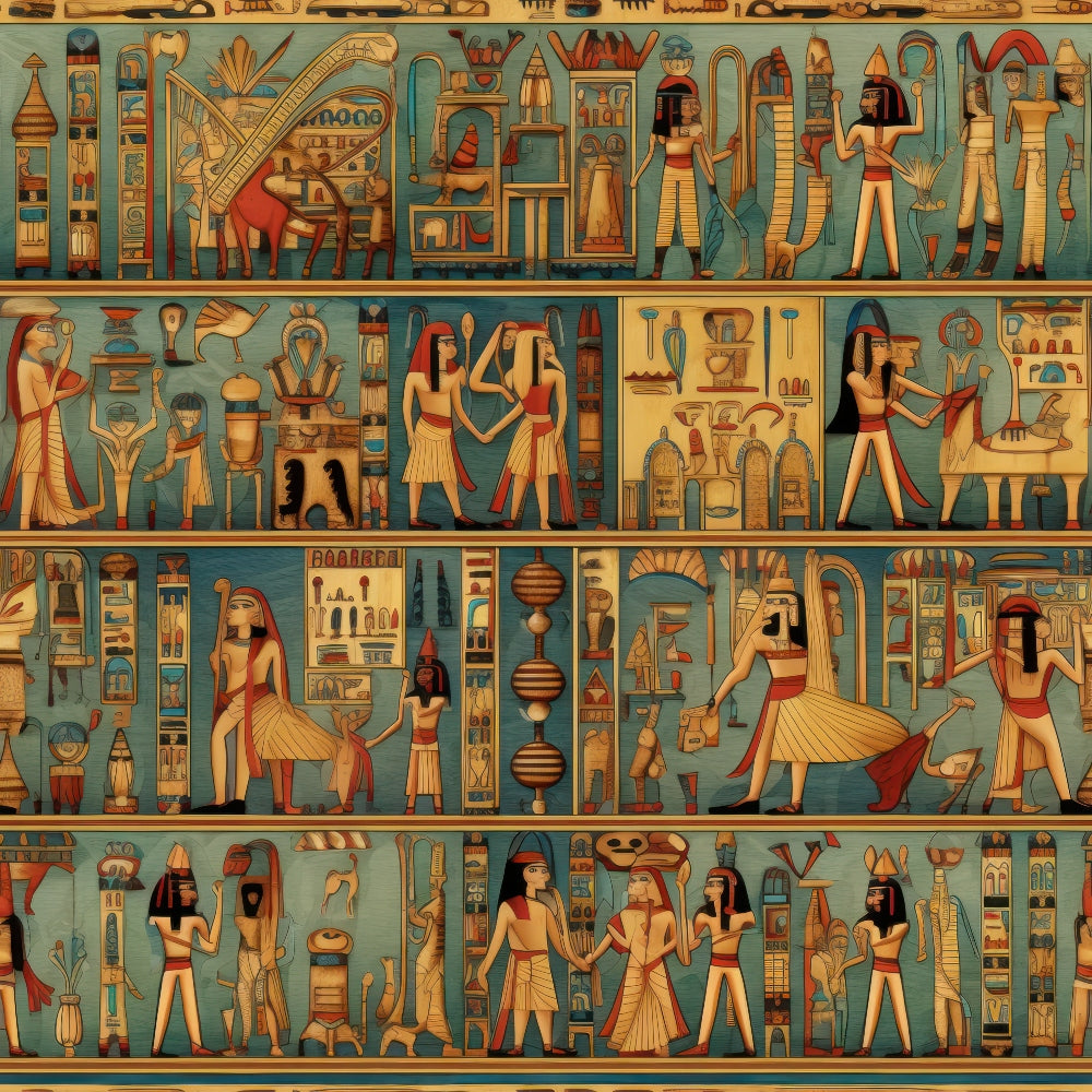 turquoise, gold, red, brown, hieroglyphics, egyptian figures, pharaohs, gods, goddesses, ancient symbols, horizontal panels,, fabric panel, egyptian mythology, ceremonial scenes, ornate details, antiqued appearance, historical motifs, decorative borders, structured layout