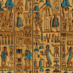 turquoise, golden brown, beige, egyptian hieroglyphs, ancient deities, pharaohs, gods and goddesses, relief carvings, stone texture, mythological figures, ceremonial poses, temple art, antiquity, archaeological style,, fabric panel, historical motifs, sacred symbols, cultural patterns, ornate details