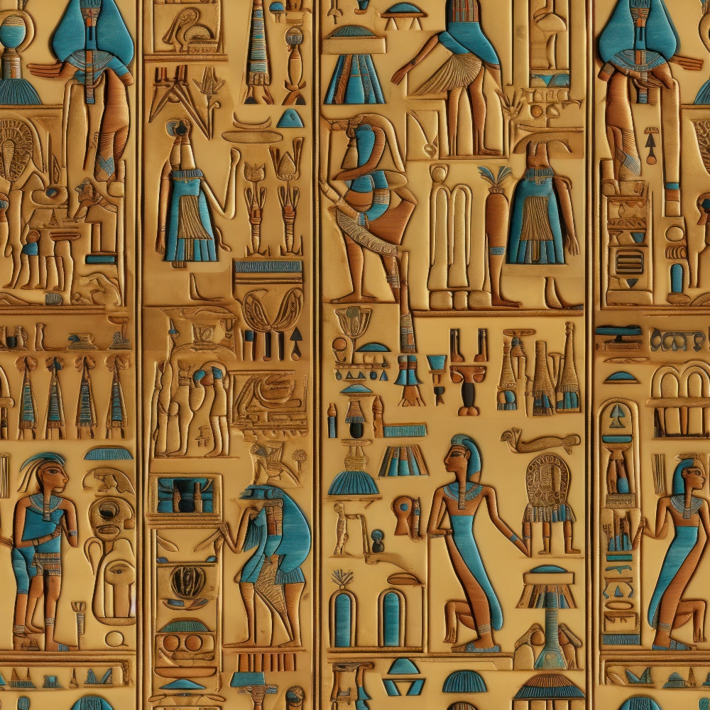 turquoise, golden brown, beige, egyptian hieroglyphs, ancient deities, pharaohs, gods and goddesses, relief carvings, stone texture, mythological figures, ceremonial poses, temple art, antiquity, archaeological style,, fabric panel, historical motifs, sacred symbols, cultural patterns, ornate details