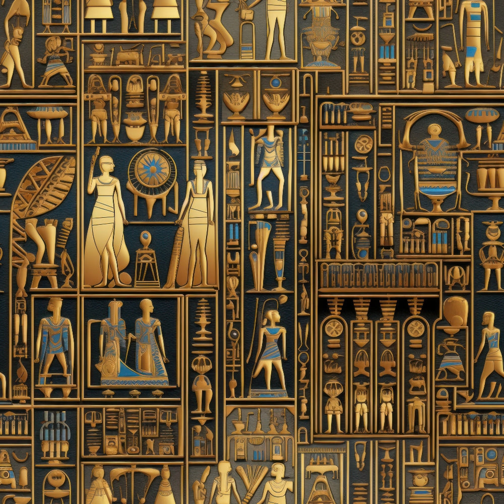 golden brown, teal blue, ancient egypt, hieroglyphic style, pharaohs, egyptian gods, artifacts, pottery, geometric patterns, antiquated motifs, archaeological treasures, museum display, compartmentalized design,, fabric panel, historical theme, bronze tones, sacred symbols, ancient civilization, decorative vessels