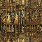 golden brown, teal blue, ancient egypt, hieroglyphic style, pharaohs, egyptian gods, artifacts, pottery, geometric patterns, antiquated motifs, archaeological treasures, museum display, compartmentalized design,, fabric panel, historical theme, bronze tones, sacred symbols, ancient civilization, decorative vessels