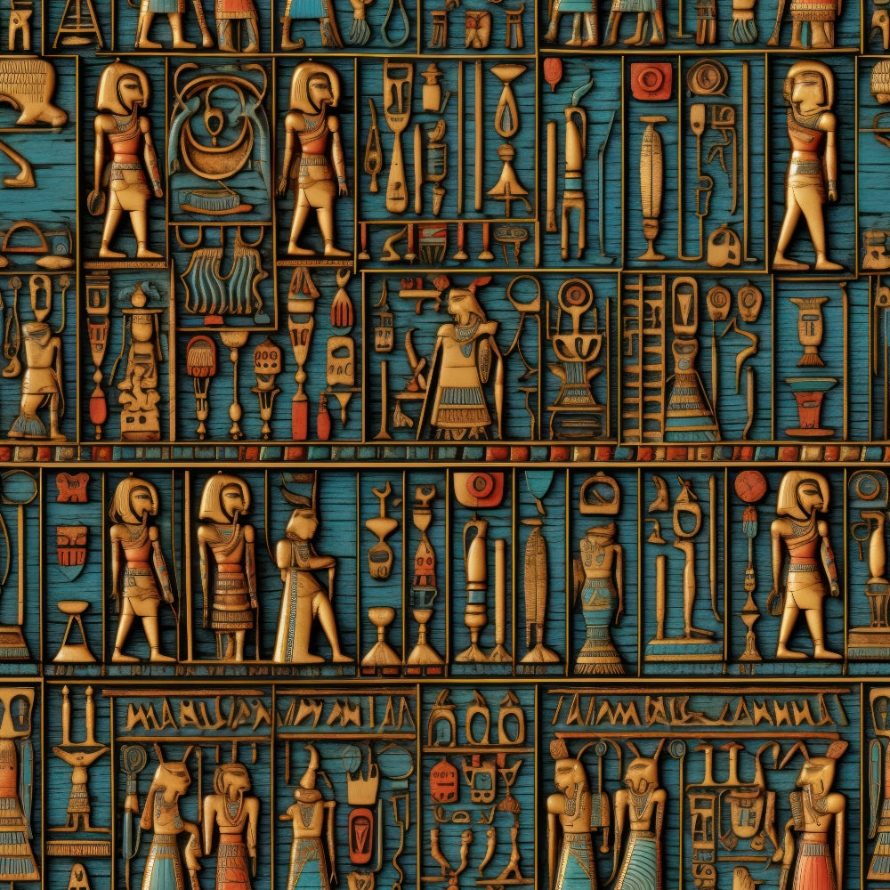 turquoise blue, golden brown, ancient egypt, hieroglyphics, egyptian figures, pharaohs, gods, artifacts, ceremonial objects, geometric patterns,, fabric panel, mystical, historical, ornate designs, repeated motifs, cultural symbols, ancient civilization, decorative elements, craft fabric
