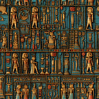 turquoise blue, golden brown, ancient egypt, hieroglyphics, egyptian figures, pharaohs, gods, artifacts, ceremonial objects, geometric patterns,, fabric panel, mystical, historical, ornate designs, repeated motifs, cultural symbols, ancient civilization, decorative elements, craft fabric