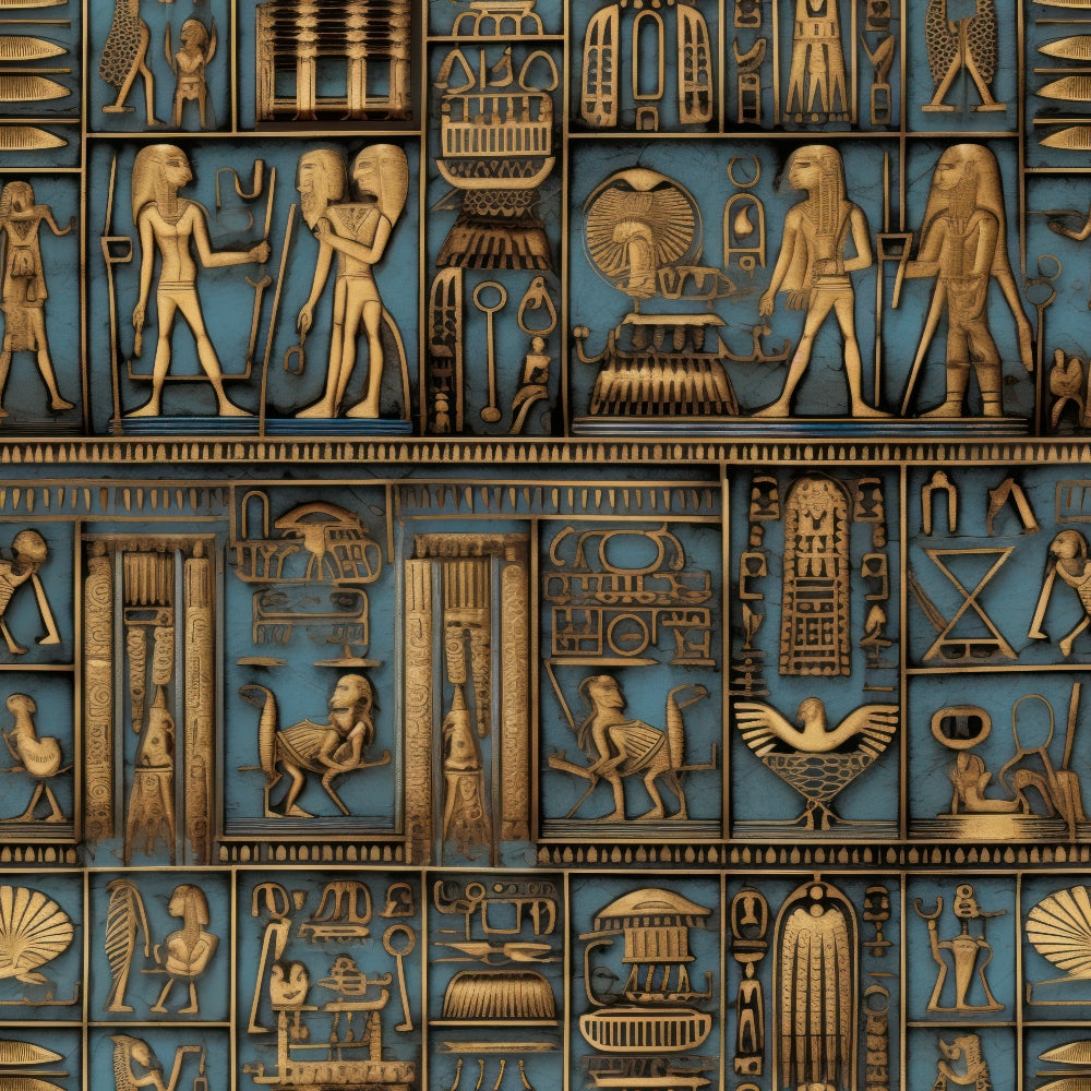 teal blue, gold, bronze, hieroglyphics, ancient egypt, egyptian gods, pharaohs, columns, pyramids, geometric patterns, archaeological motifs, antiquity,, fabric panel, mythological figures, carved relief, ornate borders, historical design, repetitive blocks, decorative squares