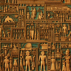 turquoise, golden brown, ancient egypt, hieroglyphics, pharaohs, egyptian figures, pottery, vessels, geometric patterns, archaeological motifs,, fabric panel, sandstone color, teal background, egyptian art, ancient civilization, decorative objects, relief carvings, cultural theme, crafting material