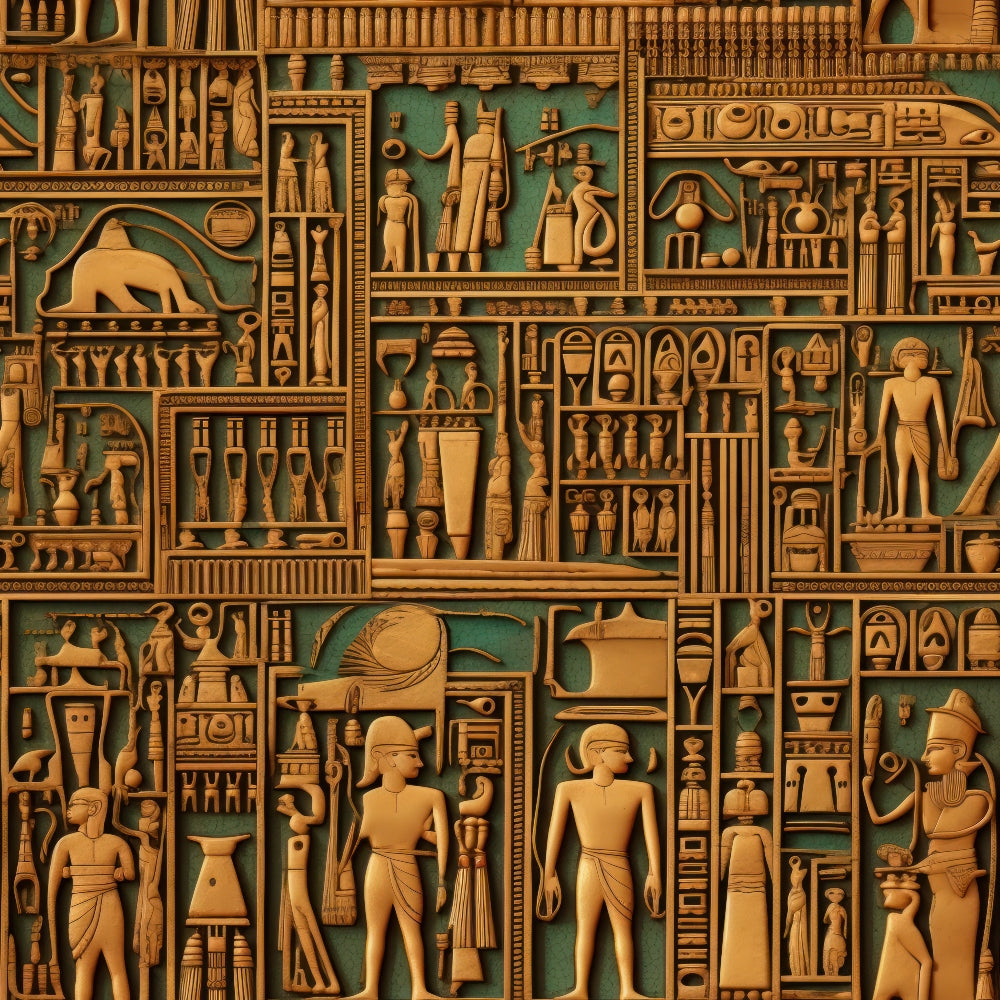 turquoise, golden brown, ancient egypt, hieroglyphics, pharaohs, egyptian figures, pottery, vessels, geometric patterns, archaeological motifs,, fabric panel, sandstone color, teal background, egyptian art, ancient civilization, decorative objects, relief carvings, cultural theme, crafting material