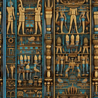 turquoise blue, golden brown, ancient egypt, hieroglyphics, egyptian figures, pharaohs, gods, mythology, geometric patterns,, fabric panel, archaeological, ornate columns, sacred symbols, ankh symbols, pottery vessels, ceremonial objects, detailed illustrations, repetitive motifs, cultural artwork