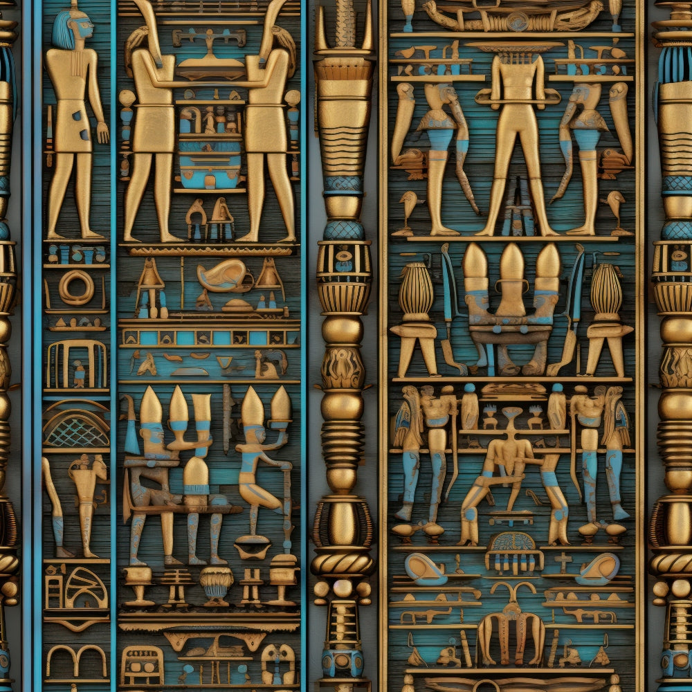 turquoise blue, golden brown, ancient egypt, hieroglyphics, egyptian figures, pharaohs, gods, mythology, geometric patterns,, fabric panel, archaeological, ornate columns, sacred symbols, ankh symbols, pottery vessels, ceremonial objects, detailed illustrations, repetitive motifs, cultural artwork