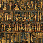 ancient egypt, hieroglyphics, pharaohs, egyptian gods, golden yellow, teal blue, bronze, amber, geometric patterns, historical figures, egyptian art,, fabric panel, mythological scenes, ancient civilization, cartouches, egyptian symbols, repetitive motifs, structured layout, earthtone palette