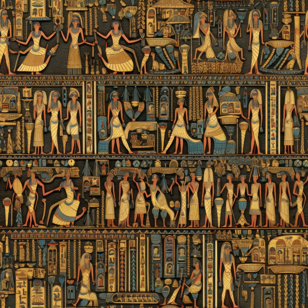 ancient egypt, hieroglyphics, pharaohs, egyptian gods, golden yellow, teal blue, bronze, amber, geometric patterns, historical figures, egyptian art,, fabric panel, mythological scenes, ancient civilization, cartouches, egyptian symbols, repetitive motifs, structured layout, earthtone palette