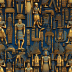 navy blue, gold, ancient egypt, pharaohs, hieroglyphics, egyptian gods, columns, pyramids, sphinxes, ornate patterns, metallic finish, archaeological motifs,, fabric panel, royal figures, ancient artifacts, decorative elements, cultural designs, geometric patterns, mythological symbols