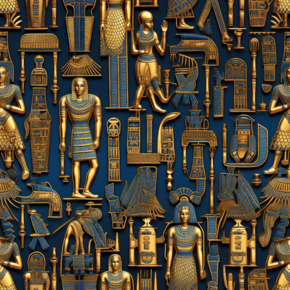 navy blue, gold, ancient egypt, pharaohs, hieroglyphics, egyptian gods, columns, pyramids, sphinxes, ornate patterns, metallic finish, archaeological motifs,, fabric panel, royal figures, ancient artifacts, decorative elements, cultural designs, geometric patterns, mythological symbols