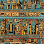 egyptian hieroglyphs, turquoise blue, golden brown, terra cotta, ancient symbols, pharaoh figures, egyptian gods, decorative columns, geometric borders, archaeological motifs,, fabric panel, historical pattern, ancient civilization, ornate details, repeating design, cultural artwork, mythological scenes, egyptian architecture, antiquated style