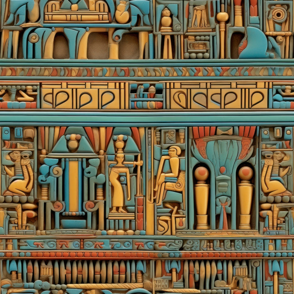 egyptian hieroglyphs, turquoise blue, golden brown, terra cotta, ancient symbols, pharaoh figures, egyptian gods, decorative columns, geometric borders, archaeological motifs,, fabric panel, historical pattern, ancient civilization, ornate details, repeating design, cultural artwork, mythological scenes, egyptian architecture, antiquated style