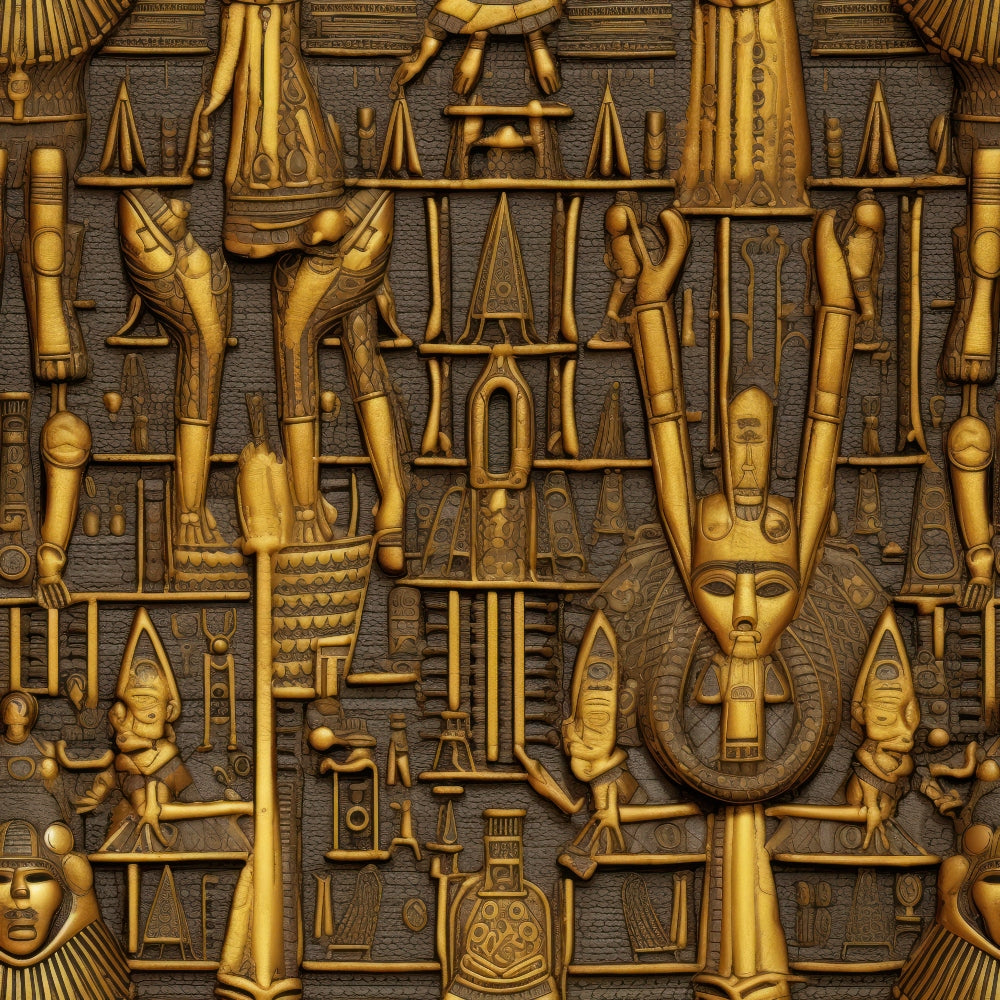 golden, bronze, amber, ancient egypt, hieroglyphs, pharaoh masks, egyptian gods, scales of justice, ceremonial objects, religious symbols, carved relief, ornate details, mythological figures,, fabric panel, geometric patterns, archaeological motifs, temple art, antique finish, repeating design