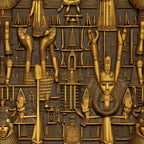 golden, bronze, amber, ancient egypt, hieroglyphs, pharaoh masks, egyptian gods, scales of justice, ceremonial objects, religious symbols, carved relief, ornate details, mythological figures,, fabric panel, geometric patterns, archaeological motifs, temple art, antique finish, repeating design